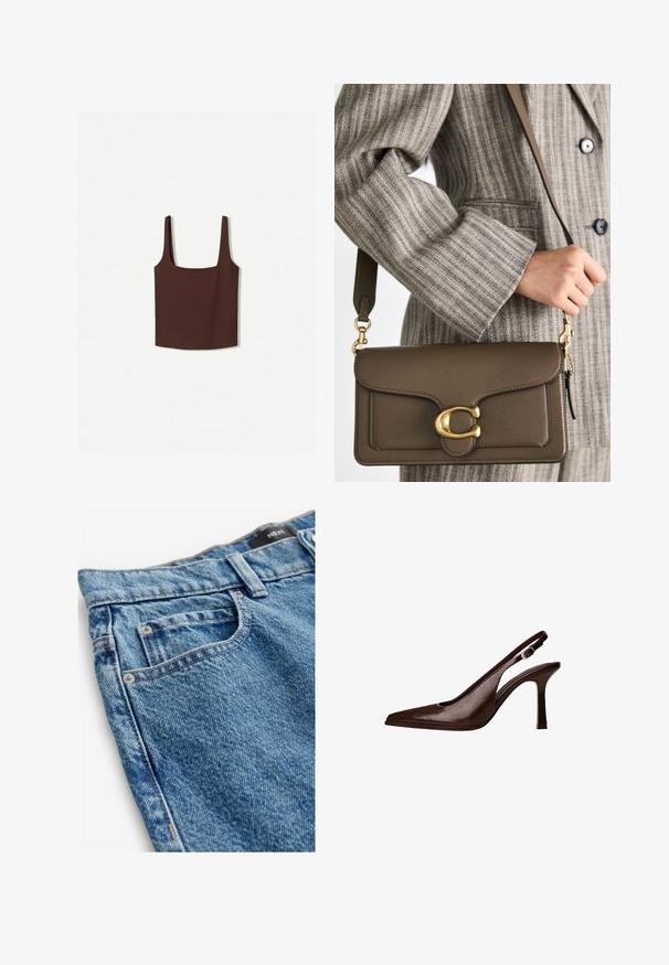 Brązowy top na ramiączkach z szerokimi paskami, wykonany z miękkiego materiału. Prosty design, bez wzorów czy ozdób.; Jeans denim w średnim niebieskim kolorze z wyblakłą teksturą. Cechy to pięć kieszeni, miedziane nity i przeszycia wzdłuż szwów.; Brązowe skórzane sandały typu slingback z ostrym noskiem i cienkim obcasem. Posiadają małą klamrę akcentującą na pasku oraz błyszczące wykończenie.; COACH - Torebka