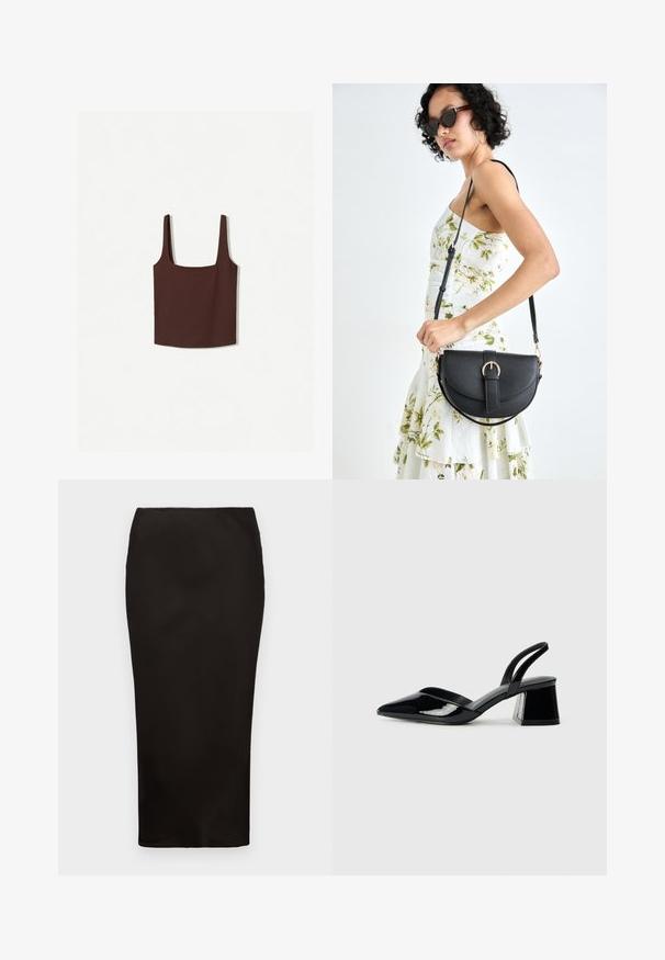 Braunes Tanktop mit quadratischem Ausschnitt und breiten Trägern, aus einem weichen Material gefertigt. Schlichtes Design, ohne Muster oder Verzierungen.; Schwarzer, knielanger Bleistiftrock aus glattem Stoff mit elastischem Bund, der ein einfaches, minimalistisches Design ohne sichtbare Beschläge aufweist.; Schwarze Lackleder-Slingback-High Heels mit spitzem Schuh und einem geometrischen Blockabsatz. Verfügt über ein schlankes, minimalistisches Design und eine glatte Textur.; Schwarze Lederhandtasche mit geschwungener Form, abnehmbarem Tragegurt und goldenen Beschlägen. Die Tasche verfügt über einen Deckel mit einer Schnallen-Details.