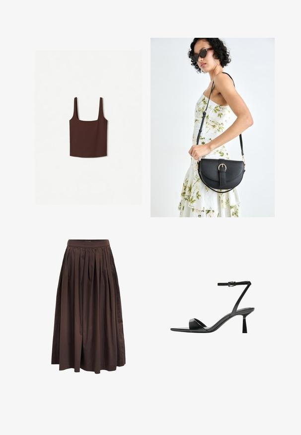 Brun firkantet tanktop med brede skulderstropper, lavet af et blødt materiale. Enkel design, uden mønstre eller udsmykninger.; Brun plisseret midi-nederdel med høj talje, lavet af glat stof, der har en fuld silhuet og sidelommer for ekstra funktionalitet.; Bershka Højhælede sandaletter / Højhælede sandaler - black; Sort læderhåndtaske med en buet form, aftagelig rem og guldfinish. Tasken har en klap med en spænde detalje.