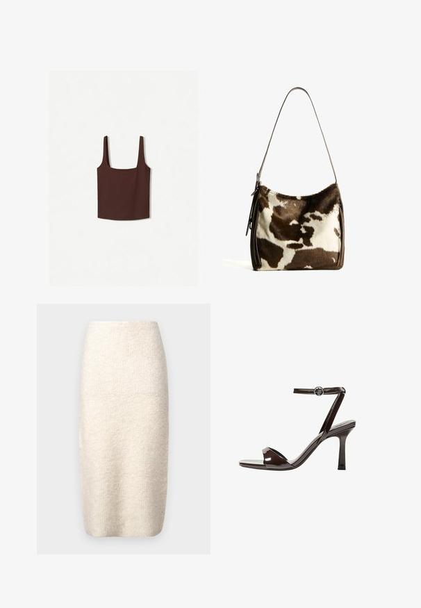 Rjava majica s kvadratnim izrezom in širokimi naramnicami, izdelana iz mehkega materiala. Enostaven dizajn, brez vzorcev ali okraski.; Kratka krema krila do kolen, izdelana iz teksturiranega blaga, z obdarjenim krojem, gladkim pasom in brez vidnih zapiranj.; Rjave visokosprti sandali iz pateniranega usnja z zaponko okoli gležnja, odprto konico in eleganten, minimalističen dizajn. Imajo kvadratno peto.; Rjav in krem torba iz kravjega usnja s gladkim usnjenim trakom, z zadrgo in mehko, strukturo površino, ki prikazuje naravni vzorec.