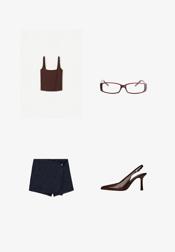 Rjava majica s kvadratnim izrezom in širokimi naramnicami, izdelana iz mehkega materiala. Enostaven dizajn, brez vzorcev ali okraski.; Temne denim kratke hlače z ovitim dizajnom in sprednjim gumbom. Imajo čist rob in gladko teksturo.; Rjava usnjena slingback čevlja s koničastim nosom in tankim petam. Ima majhno dekorativno sponko na traku in sijajno površino.; Rdeče pravokotne očalno okvirje s eleganten dizajn. Jasne leče, rahlo prosojne temple in gradientni učinek od rdeče do sive.