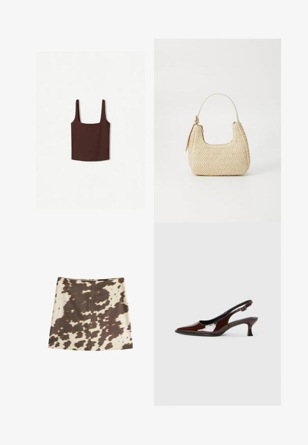 Bruine tanktop met vierkante halslijn en brede schouderbanden, gemaakt van een zachte stof. Eenvoudig ontwerp, zonder patronen of versieringen.; Cowprint mini-rok in beige en bruin. Voorzien van een verborgen rits aan de achterkant, een gladde stoftextuur en een rechte, A-lijn snit.; Bruine gepatineerde leren slingback-schoen met een spitse neus en een gematigd hakje. Voorzien van een gespsluiting voor een veilige pasvorm. Glad van textuur.; Geweven straw handtas in beige met een gebogen vorm, een kort handvat en een zijrits. Beschikt over een gestructureerd oppervlak en een minimalistisch ontwerp.