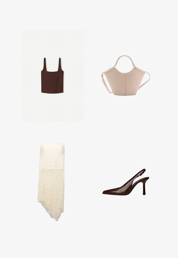 Braunes Tanktop mit quadratischem Ausschnitt und breiten Trägern, aus einem weichen Material gefertigt. Schlichtes Design, ohne Muster oder Verzierungen.; Weißer, strukturierter Wickelrock mit asymmetrischem Saum, der ein gekräuseltes Muster aufweist, das allmählich von durchgehend zu halbtransparent übergeht.; Braune Leder-Slingback-Pumps mit spitzer Zehenform und dünnem Absatz. Sie verfügen über eine kleine Akzent-Schnalle am Riemen und eine glänzende Oberfläche.; Beige Lederhandtasche mit einer einzigartigen Form, die zwei kurze Henkel und einen langen verstellbaren Riemen aufweist. Glatte Textur mit minimalen Hardware-Elementen.