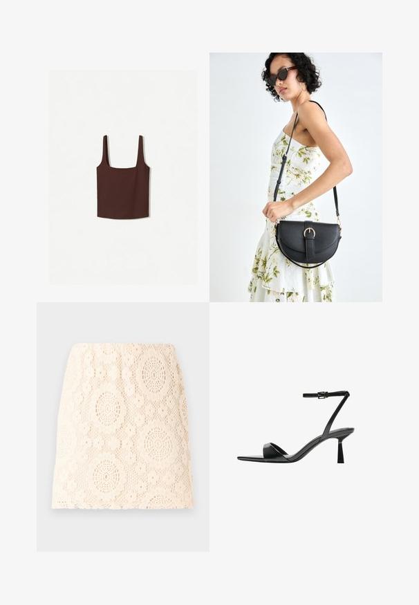 Barna, négyzetnyakú, széles pántos ujjatlan top, puha anyagból készült. Egyszerű dizájn, minta vagy díszítés nélkül.; Krém színű csipke szoknya virágmintával. Bonyolult ovális kivágásokkal és testhezálló sziluettel rendelkezik. A texturált szövet finom megjelenést kölcsönöz.; Bershka Magas sarkú szandálok - black; Fekete bőrtáska ívelt formával, levehető pánttal és arany színű fémrészekkel. A táskán egy csattal díszített fedél található.