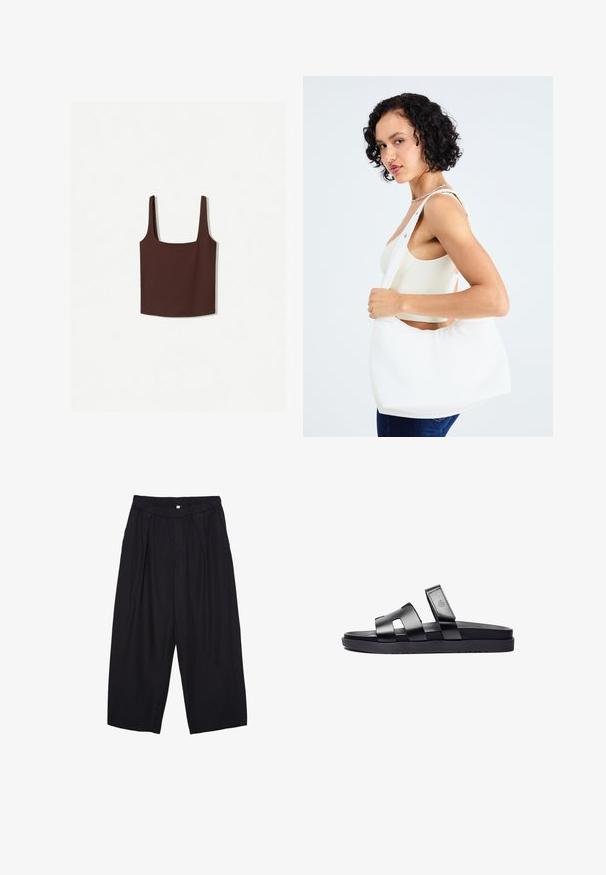 Débardeur marron à encolure carrée avec de larges bretelles, fabriqué dans un matériau doux. Design simple, sans motifs ni embellissements.; Pantalon culotte noir en polyester avec une taille élastique, deux plis avant et une silhouette ample. Pas de motifs visibles ni de détails matériels.; Des sandales noires à glissière avec deux larges sangles plates présentant des découpes et une semelle intérieure texturée, reposant sur une semelle lisse noire.; Sac à épaule blanc en matériau lisse, doté d'une découpe ovale et d'une large sangle. Simple et moderne, sans quincaillerie visible.