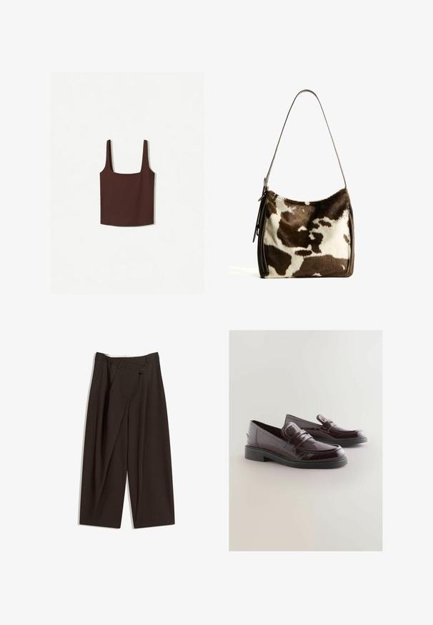 Ruskea neliön muotoinen tanktoppi leveillä olkaimilla, valmistettu pehmeästä materiaalista. Yksinkertainen muotoilu, ilman kuvioita tai koristeita.; Tummanruskeat leveälahkeiset housut, joissa on korkea vyötärö, yhden napin sulkea ja pleatattu etuosa. Valmistettu kevyestä kankaasta.; Burgundiyn patenti nahkakengät pyöreällä varpaalla, pehmustetulla sisäpohjalla ja mustalla kumipohjalla. Etuosassa on koristeellinen nauha.; Ruskea ja kerma cowhide-olkalaukku, jossa on sileä nahkahihna, vetoketju ja pehmeä, teksturoitu pinta, jossa on luonnollinen kuvio.