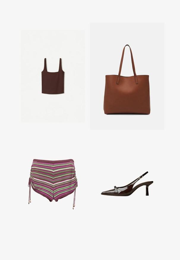 Hnědý top na ramínka s širokými ramínky, vyrobený z měkkého materiálu. Jednoduchý design, bez vzorů nebo zdobení.; Pruhované plavky v odstínech růžové, zelené a hnědé. Disponují šňůrkami na bocích a měkkou, elastickou tkaninou.; Hnědé lakované sandály s špičatou špičkou, nízkým podpatkem a dekorativní mašlí na přední části. Hladký, lesklý povrch.; Hnědá kožená taška přes rameno s hladkou texturou, otevřeným designem a dvěma ramenními popruhy. Obsahuje minimální švy a žádné viditelné kovové prvky.