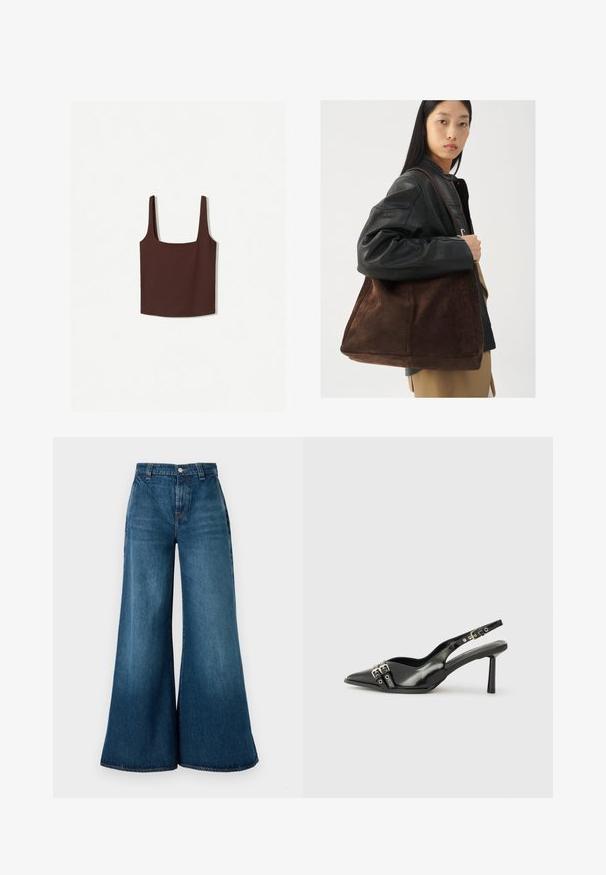 Hnedý tank top s štvorcovým výstrihom a širokými ramienkami, vyrobený z mäkkého materiálu. Jednoduchý dizajn, bez vzorov alebo ozdôb.; Džínsy so širokými nohavicami v tmavomodrom praniu, s vysokým pásom, predným zapínaním na gombík a klasickým dizajnom s piatimi vreckami. Hladká textúra.; Čierne lakované kožené slingback topánky s špicatou špičkou, remienkami okolo členku s striebornými prackami a hardvérom, a štíhlým podpätkom.; Hnedá semišová taška cez rameno s širokým tvarom a mäkkou textúrou, s jedným popruhom a minimálnym kovovým doplnkom na neutrálnom pozadí.