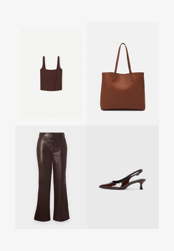 Brown square-neck tank top with wide shoulder straps, made of a soft material. Simple design, no patterns or embellishments.; Brown faux leather flared pants with a smooth texture, featuring a belted waist and a zip fly. Clean lines and a sleek silhouette.; Brown patent leather slingback shoe with a pointed toe and a moderate heel. Features a buckle strap for secure fit. Smooth texture.; Brown leather tote bag with a smooth texture, open top design, and two shoulder straps. Features minimal stitching and no visible hardware.
