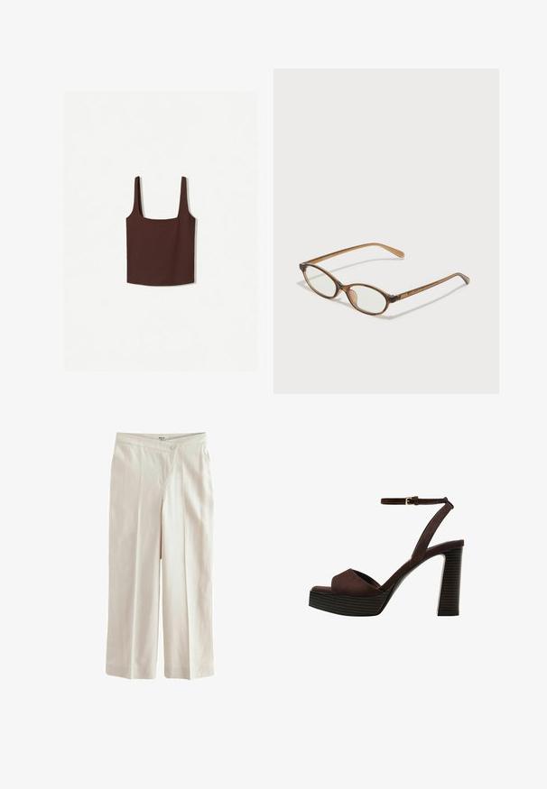Brun firkantet tanktop med brede skulderstropper, lavet af et blødt materiale. Enkel design, uden mønstre eller udsmykninger.; Next ASYMETRIC WAITBAND TAILORED WIDE LEG - Bukser - neutral; Brune ruskinds højhælede sandal med åben tå, justerbar ankelrem og en stribet plade sål.; Brune skildpaddemønstrede briller med ovale linser, tynde arme og gennemsigtige accenter. Har et diskret logo på stangen. Slankt, let design.