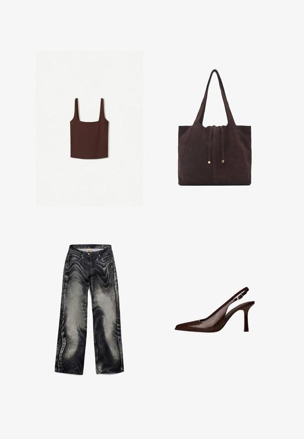 Braunes Tanktop mit quadratischem Ausschnitt und breiten Trägern, aus einem weichen Material gefertigt. Schlichtes Design, ohne Muster oder Verzierungen.; Schwarze Denim-Breitbeinhosen mit einem strukturierten, verblassten Muster, ausgestattet mit fünf Taschen und einem Knopfverschluss. Glattes Material mit einem leicht glänzenden Finish.; Braune Leder-Slingback-Pumps mit spitzer Zehenform und dünnem Absatz. Sie verfügen über eine kleine Akzent-Schnalle am Riemen und eine glänzende Oberfläche.; Mango Shopping Bag - dark brown
