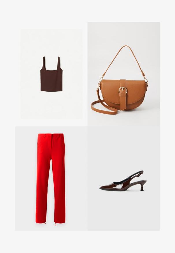 Bruine tanktop met vierkante halslijn en brede schouderbanden, gemaakt van een zachte stof. Eenvoudig ontwerp, zonder patronen of versieringen.; Rode broek van glad, rekbaar materiaal. Heeft een vlakke voorkant met een verborgen ritssluiting, rechte pijpen en verstelbare toggles aan de onderkanten.; Bruine gepatineerde leren slingback-schoen met een spitse neus en een gematigd hakje. Voorzien van een gespsluiting voor een veilige pasvorm. Glad van textuur.; Bruine leren schoudertas met een gebogen vorm, gouden hardware en een gespaccent. Bevat een afneembare schouderriem.