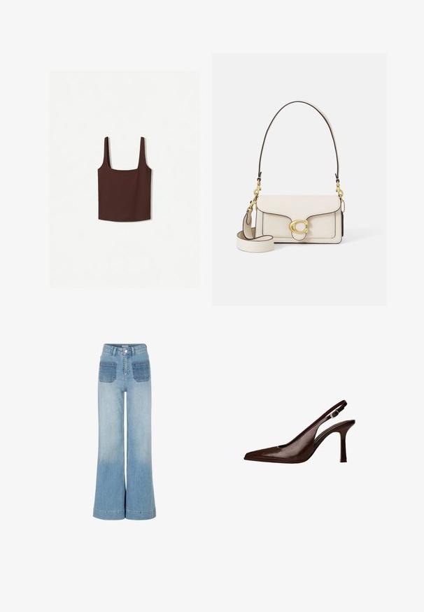 Ruskea neliön muotoinen tanktoppi leveillä olkaimilla, valmistettu pehmeästä materiaalista. Yksinkertainen muotoilu, ilman kuvioita tai koristeita.; Vaaleansiniset leveät farkut, joissa on kaksi etutaskua tummemman denimin yksityiskohdilla, korkea vyötärö ja viimeistellyllä reunalla oleva lahje.; Kastanjan värinen nahkainen slingback-korkokenkä, jossa on terävä kärki ja ohut korko. Kengässä on pieni korostussolki vyössä ja kiiltävä pinta.; Kreemivärvi nahast käekott, millel on struktureeritud disain, kontrastsed mustad servad, kuldsed detailid ja eemaldatav rihm, millel on allkirja logo.