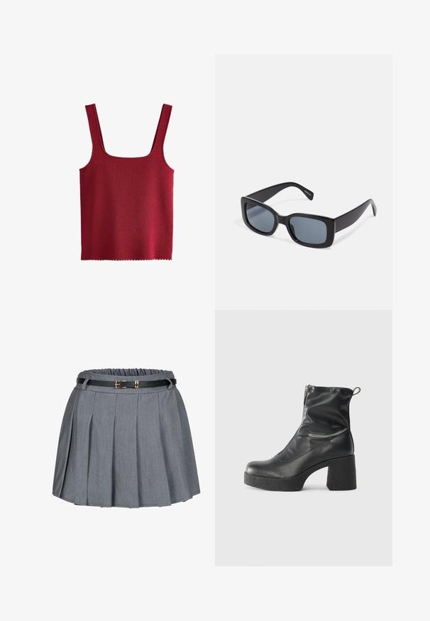 Rdeča, rebrasta majica brez rokavov s kvadratnim izrezom in širokimi naramnicami. Rob ima valovit rob. Narejena iz mehkega, raztegljivega materiala.; Siva plisirana krila z nabranim pasom in črnim pasom, ki ima zlat članek. Mehka tkanina z gladko teksturo.; Črne gležnjarje iz gladke kože z božnim zadrgo, masivnim teksturiranim peto in zaobljeno obliko prstov.; Črne pravokotne sončna očala z temno obarvanimi lečami, debelim plastičnim okvirjem in širokimi nogicami. Gladka površina in ostri oblikovni detajli.