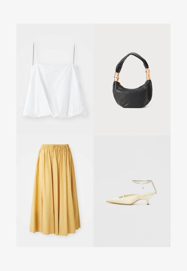 Haut sans manches blanc avec de fines bretelles, fabriqué en tissu léger. Présentant un design ample et une texture froncée à l'ourlet.; Jupe longue jaune avec une taille élastique et un cordon de serrage. Fabriquée en tissu léger, elle présente des plis froncés pour un design fluide.; Chaussure slingback jaune en satin à bout pointu, avec un talon bas et une bride de cheville décorative ornée de chaînes et de strass. Texture lisse, design minimal.; Sac à main en cuir noir de forme ronde, texture douce, et avec une anse nouée ornée d'accents en matériel doré. Fermeture éclair.