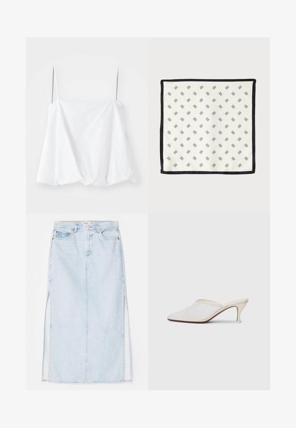 Top blanco sin mangas con tirantes finos, hecho de una tela ligera. Presenta un diseño suelto y una textura fruncida en el dobladillo.; Falda maxi de mezclilla azul claro con corte recto, que presenta aberturas laterales y diseño de cinco bolsillos. Costuras prominentes y cierre de botón metálico.; Mule blanco de malla con punta afilada, tacón medio y diseño de fácil colocación contra un fondo liso.; Seda blanca con un patrón geométrico negro repetido, bordeada con un borde negro sólido. Ligera y con una textura suave.