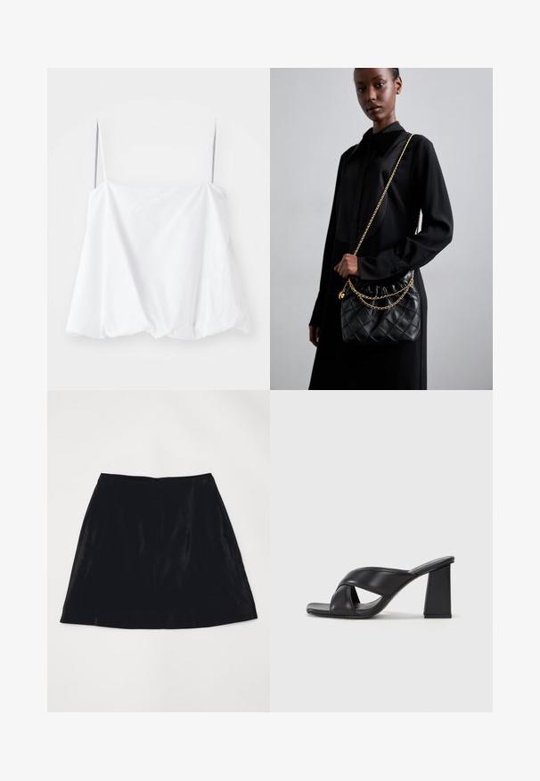 Biely top bez rukávov s tenkými ramienkami, vyrobený z ľahkého materiálu. S voľným strihom a zhrnutou textúrou na leme.; Čierna A-čková sukňa z sametu, ktorá má hladkú textúru a diskrétny zadný zips. Jednoduchý dizajn bez viditeľných vzorov alebo akcentov.; MAX&Co. SOHO - Sandále na vysokom opätku - schwarz; Čierna prešívaná kožená kabelka s naťahovacím vrchom, zlatým reťazovým popruhom a obdĺžnikovým tvarom, držaná pred jednoduchým pozadím.