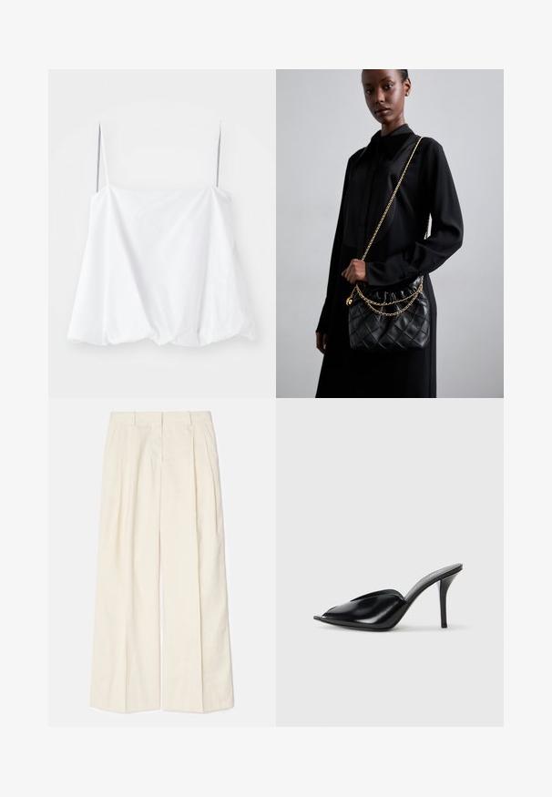 White sleeveless top with thin straps, made from lightweight fabric. Featuring a loose design and gathered texture at the hem.; Wide-leg trousers in a soft, light cream fabric. Features front pleats, belt loops, and a smooth texture. Tailored design with a clean finish.; Black leather high-heeled mules with an open toe, pointed design, smooth texture, and a slim stiletto heel.; Black quilted leather handbag with a gathered top, gold chain strap, and a rectangular shape, held against a plain background.