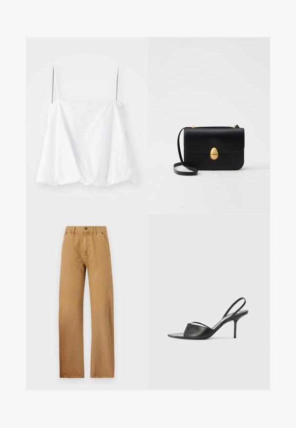 Valge õlavarrepealne topp õhukestest rihmadest, valmistatud kerge kangaga. Omab lõdva disaini ja kokku volditud tekstuuri ääres.; Victoria Beckham TWISTED LOW RISE SLOUCH - Avar lõikega teksad - beige; Mustaid nahk slingback kontsad terava nokaga, peene pahklu rihmaga ja stilettokandaga. Omab sõlme detaili vampi peal.; Must kase nahast käekott, millel on struktureeritud ristkülikukujuline kuju. Omab kuldset ovaalset lukku ja õhukest õlavarre rihma. Sile tekstuur.