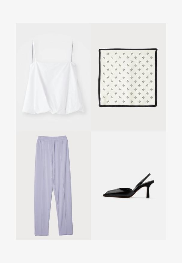 Biała top bez rękawów z cienkimi ramiączkami, wykonany z lekkiego materiału. Charakteryzuje się luźnym krojem i marszczoną fakturą u dołu.; Jasnofioletowe, elastyczne spodnie z luźnym krojem, o gładkiej fakturze i bocznymi plisami. Zaprojektowane dla komfortu i swobody ruchów.; Czarne skórzane czółenka typu slingback z wąskim noskiem, minimalistyczny design, cienki pasek wokół kostki i elegancka szpilka. Gładka tekstura.; Biała jedwabna chusta z powtarzającym się czarnym wzorem geometrycznym, obszyta solidnym czarnym brzegiem. Lekka o gładkiej teksturze.