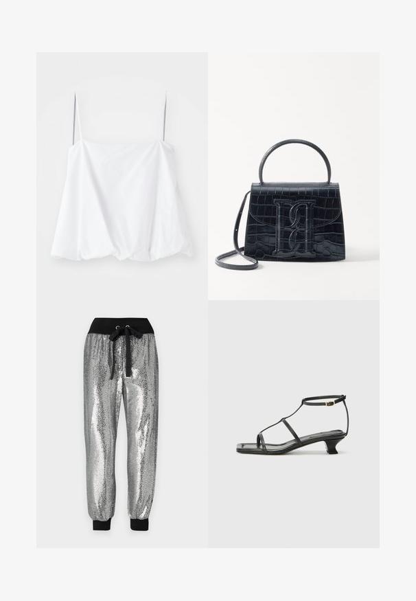 Bijela bezrukavna majica s tankim trakama, izrađena od lagane tkanine. Sadrži širok kroj i nabranu teksturu na rubu.; Hlače od srebrnih šljokica sa crnim elastičnim pojasom, vezicom i crnim manžetama na gležnjevima za prilagođen kroj.; Crne kožne sandale sa kvadratnim vrhom, tankim trakama, podesivom trakicom oko gležnja i niskom petom. Imaju mali zlatni detalj na traci.; Crna torba od krokodilne kože s uzorkom, strukturiranog dizajna, gornjom ručkom, podesivom trakom i istaknutim logotipom sprijeda.