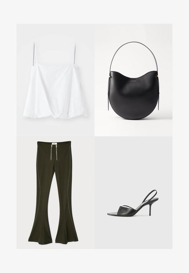 Top blanco sin mangas con tirantes finos, hecho de una tela ligera. Presenta un diseño suelto y una textura fruncida en el dobladillo.; Pantalones acampanados de un verde oliva oscuro, hechos de material elástico, con detalles de cremallera metálica y costuras laterales en contraste.; Tacones slingback de cuero negro con punta afilada, tira delgada en el tobillo y tacón de aguja. Presenta un detalle anudado en el empeine.; Bolso de hombro de cuero negro con forma curvada, asas finas y sutiles acentos dorados. Textura suave con un diseño minimalista.