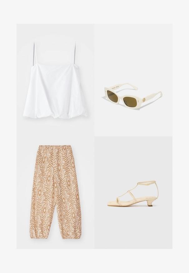 Bílý top bez rukávů s tenkými ramínky, vyrobený z lehké látky. Disponuje volným střihem a nařasenou texturou na lemu.; Volné béžové kalhoty s hnědým abstraktním vzorem připomínajícím zebru, elastickým pasem a elastickými manžetami na ankách.; Krémové sandály na podpatku s T-štrukturovaným designem, čtveratou špičkou, nastavitelným páskem kolem kotníku a nízkým blokovým podpatkem. Hladký kožený materiál.; Bílé plastové sluneční brýle s obdélníkovým rámem, hnědými skly a zlatým akcentem na spánku. Hladký povrch a moderní design.