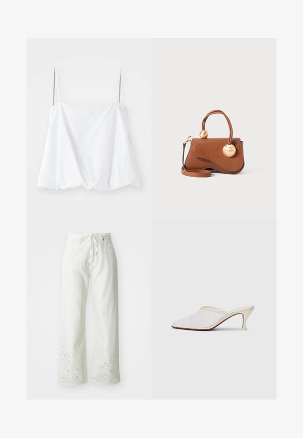 Bílý top bez rukávů s tenkými ramínky, vyrobený z lehké látky. Disponuje volným střihem a nařasenou texturou na lemu.; Bílé široké kalhoty z bavlny s elastickým pasem a vyšitými paisley vzory na lemu. Hladká textura.; Bílé síťované psací muly s špičatou špičkou, štíhlým středně vysokým podpatkem a designem na nazouvání na jednobarevném pozadí.; Hnědá kožená kabelka s vlnitým designem, která má dva kruhové zlaté akcenty a odnímatelný ramenní popruh pro všestranné nošení.