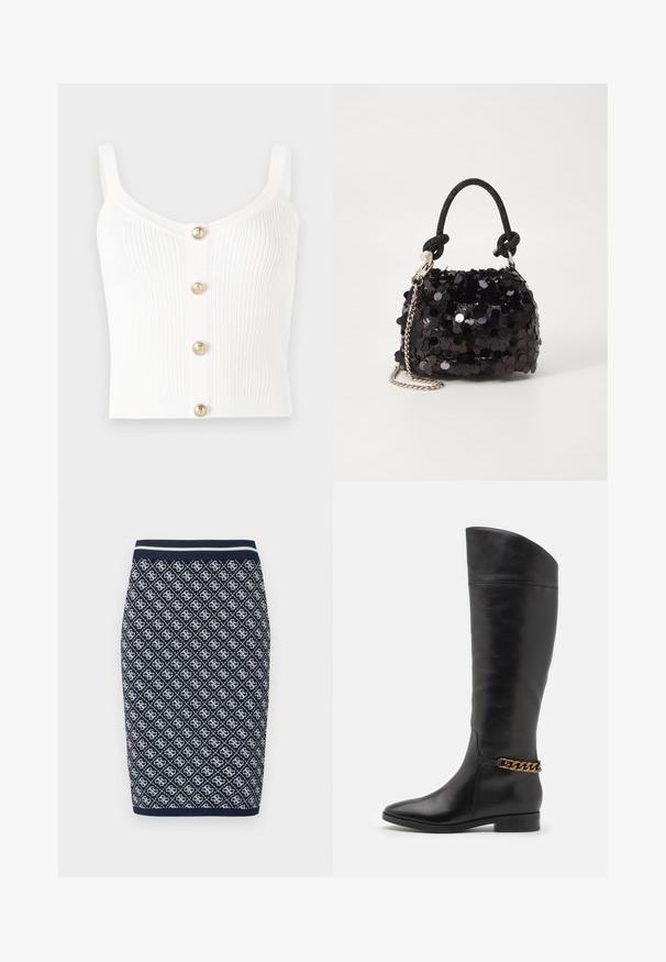 Baltas, raštuotas megztas tank top su apvaliu iškirpimu ir penkiomis auksinės spalvos sagomis centre. Lygi tekstūra su siaurais petnešomis.; Mėlynos ir baltos spalvų megzta pieštuko sijonas su deimanto geometriniu raštu. Turi dryžuotą elastingą liemenėlę ir lygų paviršių.; Aukšti juodi odiniai batai su liekna forma, smailiu smaigaliu ir aukso grandinėlės akcentu ties kulkšnimi. Žemas bloko kulnas. Lygi tekstūra.; Juodas blizgučių mini rankinukas su mazguotu tekstūruotu dirželiu ir sidabro grandine. Suapvalinta forma su susiraukšlėtopu ir atspindinčiomis detalėmis.