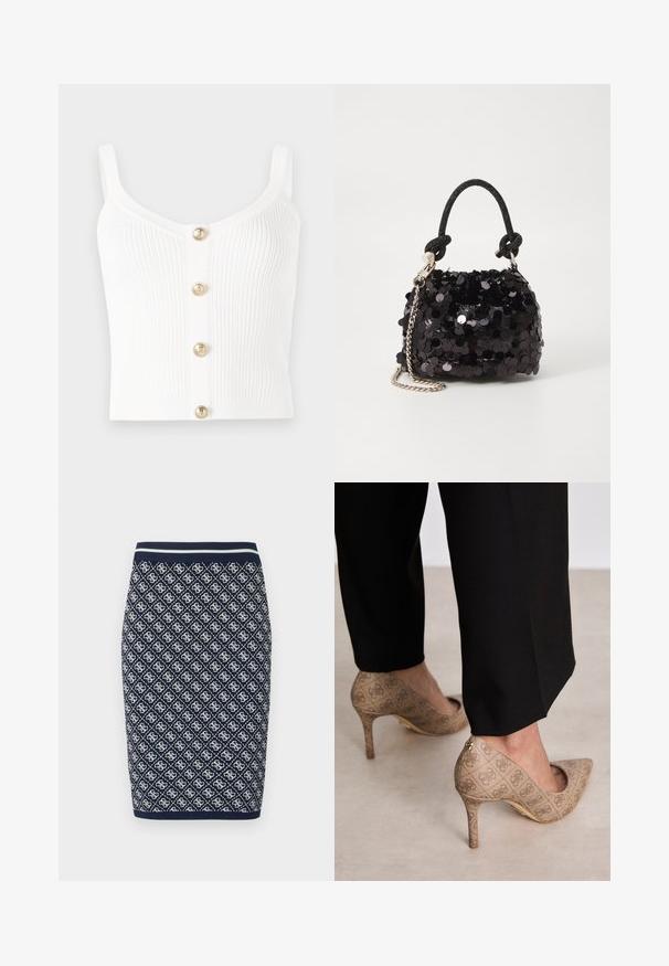 Biała, prążkowana, dzianinowa bluzka na ramiączkach z okrągłym dekoltem i pięcioma złotymi guzikami na środku. Gładka tekstura i wąskie ramiączka.; Dzianinowa spódnica ołówkowa w granatowo-białe diamentowe wzory geometryczne. Posiada paski elastycznego pasa i gładką teksturę.; Beżowe szpilki z teksturowanej tkaniny z powtarzającym się wzorem. Spiczasty krój z tylnym akcentem i złotym detalem na obcasie.; Czarna mini torebka z cekinami, z węzłowym, teksturowanym paskiem i srebrnym łańcuchem. O zaokrąglonym kształcie z marszczoną górą i refleksyjnymi detalami.