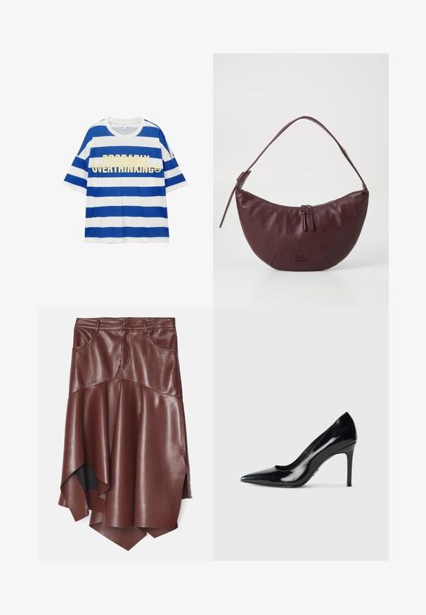 Bawełniana koszulka z niebieskimi i białymi poziomymi paskami. Posiada wyraźny żółty napis "PRAWDOPODOBNIE PRZEMYŚLAM ZA DUŻO" oraz grafikę uśmiechniętej buźki. Krótkie rękawy.; Brąskowa spódnica z ekoskóry z rozkloszowanym, asymetrycznym dołem, z dwiema przednimi kieszeniami i gładką, błyszczącą fakturą.; Czarne lakierowane szpilki o szpiczastym nosku z cienką szpilką na jednolitym białym tle.; Bordowa skórzana torebka o zaokrąglonym kształcie, z zamkiem błyskawicznym, dwoma suwakami i krótkim paskiem na ramię. Szczegóły obejmują wytłoczone logo.