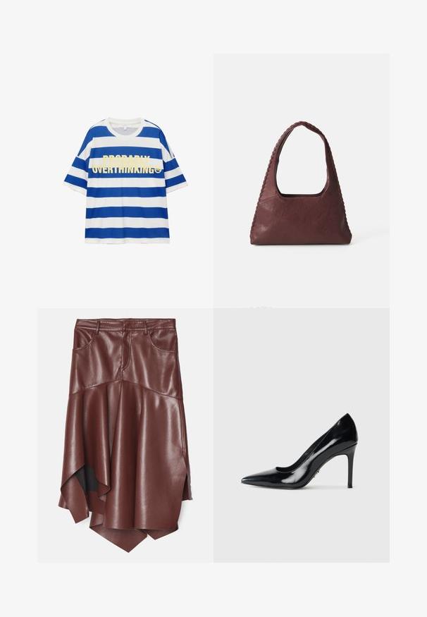 T-shirt en coton avec des rayures horizontales bleues et blanches. Présente un texte jaune en gras "PROBABLEMENT EN TRAIN DE SURANALYSER" et un graphique de smiley. Manches courtes.; Jupe en simili cuir marron avec un ourlet évasé et asymétrique, dotée de deux poches avant et d'une texture lisse et brillante.; Escarpin noir en cuir verni à bout pointu avec un talon aigu slim sur fond blanc uni.; Sac à main en cuir bordeaux avec une forme triangulaire, un haut ouvert et des détails tressés le long de la poignée. Texture lisse avec une finition mate.