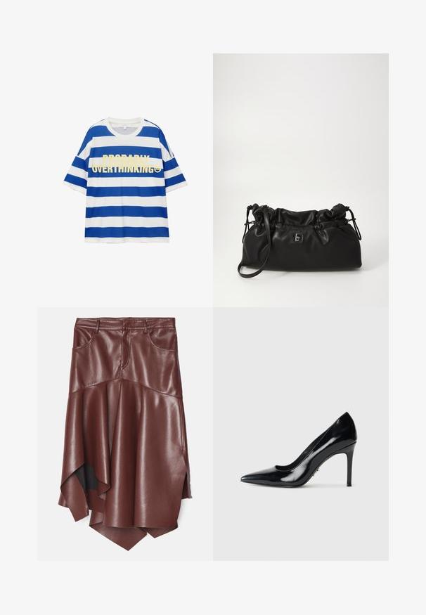 Puuvillane t-särk, millel on sinised ja valged horisontaalsed triibud. Esiküljel on julgelt kollane tekst "ILMSELGELT ÜLE MÕTLEMINI" ja naerunäo graafika. Lühikesed varrukad.; Ruskea tekonahkainen hame, jossa on leikkaamaton, epäsymmetrinen helma, kahdella etutaskulla ja sileällä, kiiltävällä pinnalla.; Mustat lakatut nahkakengät, joissa on teräväkärkiset ja korkea kapea korko, valkoista taustaa vasten.; Musta nahkainen nyörilaukku, jossa on pehmeä pinta, pyöreä muoto ja säädettävä hihna. Edessä on pieni metallinen logo.