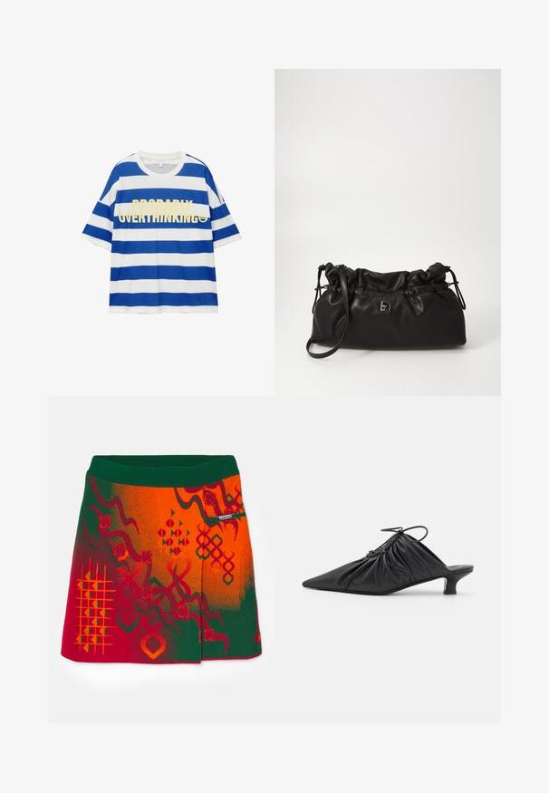 Pamut póló kék és fehér vízszintes csíkokkal. Jellemzője a feltűnő sárga felirat: "VALÓSZÍNŰLEG TÚL GONDOLKODOM" és egy mosolygós grafika. Rövid ujjú.; Kötött szoknya zöld derékrésszel és élénk piros és narancs mintákkal, geometriai formákkal és texturált részletekkel.; Fekete bőr slip-on mules, hegyes orral, gyűrött textúrával és kis kitten sarokkal. Az nyílásnál húzózsinór részlet található.; Fekete bőrzsák, puha textúrával, kerek formával és állítható pánttal. Elöl egy kis fém logó található.