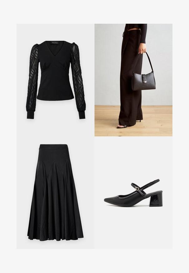 Top negru cu decolteu în V și corset ajustat, având mâneci lungi transparente și texturate cu margini manșetate. Material neted cu detalii pliate.; Fustă neagră evazată cu talie elastică, realizată dintr-un material neted, având detalii plissetate pentru un plus de textură și fluiditate.; Cizme cu toc slingback din piele sintetică lacuită neagră, cu vârful ascuțit, un design cu decupaj rotunjit și toc bloc. Include un accent cu cataramă de culoare aurie.; Genți negre cu o formă structurată, textură netedă și un închizător metalic. Asortată cu pantaloni negri largi și sandale cu vârf deschis pe un podea din lemn.