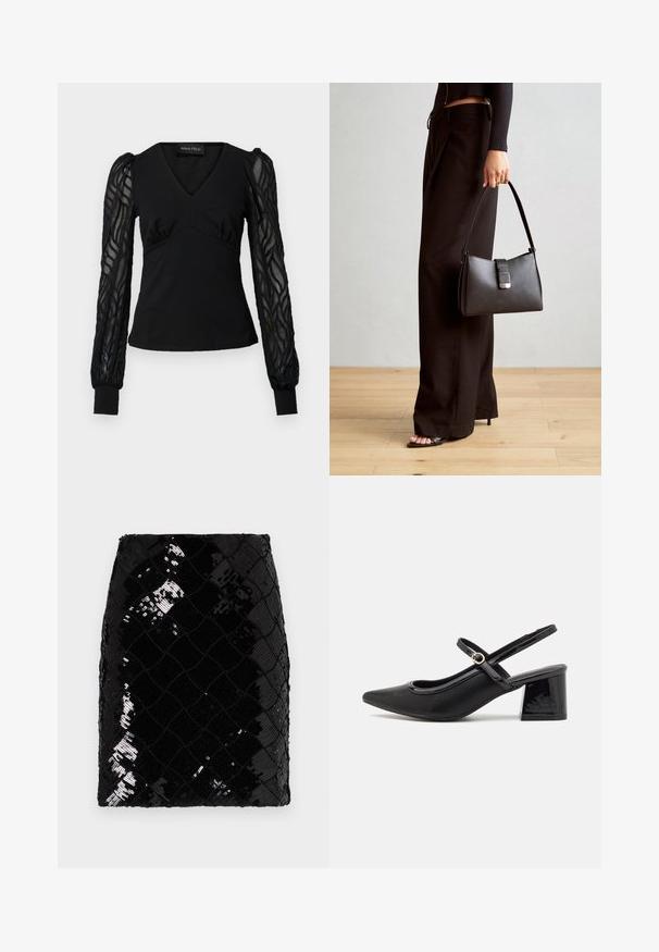 Črni top z V-izrezom in prilegajočim bodicejem, ki ima prosojne, teksturirane dolge rokave in manšete. Gladek material z nabranim detajlom.; Črna mini krilo s pokrivalom iz sekvinc, z diamantnim vzorcem, z grobo površino in oprijetim krojem. Enostavno pas v zgornjem delu.; Črne patentne usnjene salonarce s slingback obliko, s koničastim nosom, zaobljenim izrezom in blok peto. Imajo zlato kovinsko zaponko kot dodatno okrasje.; Črna torbica z strukturirano obliko, gladko teksturo in kovinskim zaponko. Ujemajo se z širokimi črnimi hlačami in odprtimi sandali na lesenem tleh.