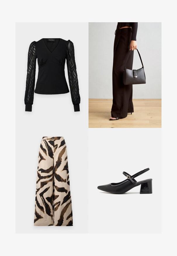 Haut noir avec un décolleté en V et un corsage ajusté, doté de manches longues transparentes et texturées avec des poignets à revers. Tissu lisse avec des détails froncés.; Pantalons larges en tissu léger, avec une base beige ornée d'un motif rayé de tigre marron et noir, et des poches latérales.; Escarpins slingback en cuir verni noir avec un embout pointu, un design à découpes arrondies et un talon carré. Présente un accent de boucle en ton doré.; Sac à main noir à la forme structurée, texture lisse et fermoir métallique. Associé à un pantalon noir ample et des sandales ouvertes sur un sol en bois.