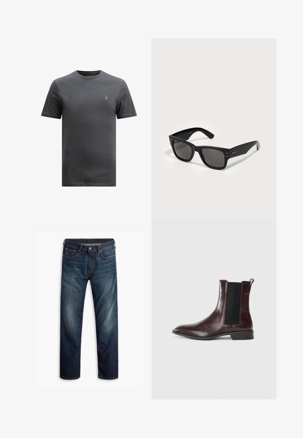 AllSaints BRACE CREW - T-shirt basique - CARTER GREY; Jean en denim bleu foncé avec un léger délavage sur les cuisses, design à cinq poches, fermeture par bouton et coutures oranges visibles sur fond blanc.; Bottine Chelsea en cuir marron avec des panneaux latéraux élastiques, un bout pointu et une texture lisse. Semelle noire et détails de couture subtils.; Lunettes de soleil noires avec une monture carrée, dotées de verres sombres. Accentué par de petits points dorés et un logo doré sur la branche. Texture lisse.