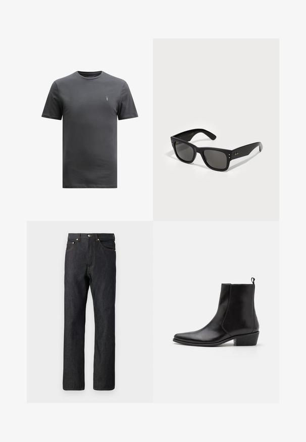 AllSaints BRACE CREW - Pamata T-krekls - CARTER GREY; Tumši zili džinsi ar taisno kāju dizainu. Iespējas piecas kabatas, oranži diegi un pogas aizdare jostasvietā.; Zign LEATHER - Kovboju/motociklistu tipa puszābaki - black; Melni saulesbrilles ar kvadrātu formu, ar tumšiem stikliem. Akcentētas ar mazām zelta punktiem un zelta logo uz kājiņām. Gluda tekstūra.