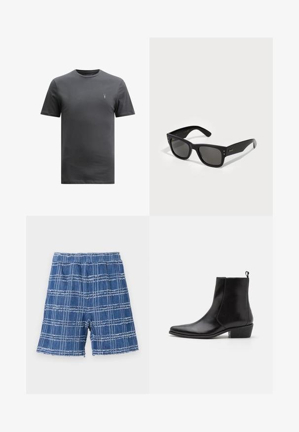 AllSaints BRACE CREW - T-shirts - CARTER GREY; Denimshorts med frynsete kant, med et blått rutete mønster. Elastisk midje, rett snitt og myk tekstur.; Zign LEATHER - Cowboystøvletter - black; Svarte solbriller med firkantet ramme, med mørke linser. Utsmykket med små gullprikker og en gull logo på stangen. Glatt tekstur.