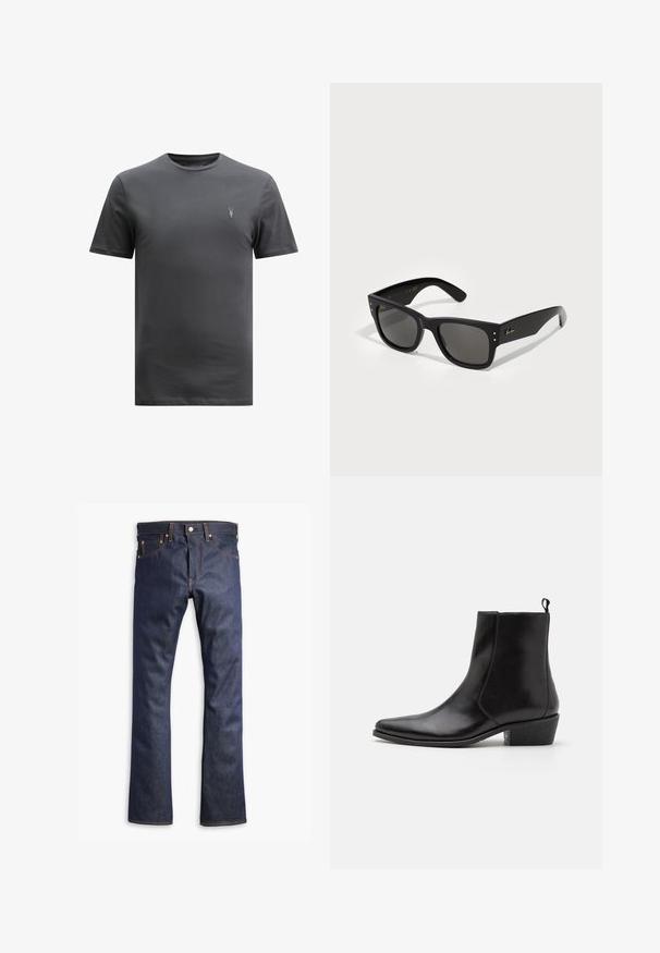 AllSaints BRACE CREW - Tricou basic - CARTER GREY; Blugi de denim albastru închis cu croială dreaptă, cu cusături portocalii, cinci buzunare și închidere cu nasture. Textură netedă și material durabil.; Zign LEATHER - Botine cowboy/biker - black; Ochelari de soare negri cu ramă pătrată, având lentile întunecate. Accentați cu mici puncte aurii și un logo auriu pe brățară. Textură netedă.