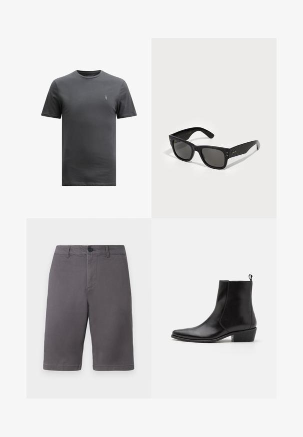 AllSaints BRACE CREW - Basic T-shirt - CARTER GREY; Gray shorts made of cotton blend fabric, featuring a button closure, side pockets, and a clean, straight-cut design.; Zign LEATHER - Cowboy/biker ankle boot - black; Black sunglasses with a square frame, featuring dark lenses. Accented with small gold dots and a gold logo on the temple. Smooth texture.