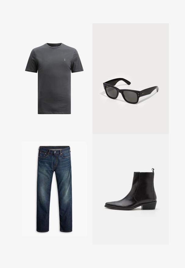 AllSaints BRACE CREW - Paprasti marškinėliai - CARTER GREY; Levi's® 527® SLIM BOOT CUT - Prigludę džinsai - comin round the mountain; Zign LEATHER - Kaubojiški / motociklininko stiliaus aulinukai - black; Juodos saulės akinių su kvadratiniu rėmeliu, turinčiu tamsius objektyvus. Papuošti mažomis aukso taškeliais ir auksiniu logotipu ant šventyklo. Lygi tekstūra.