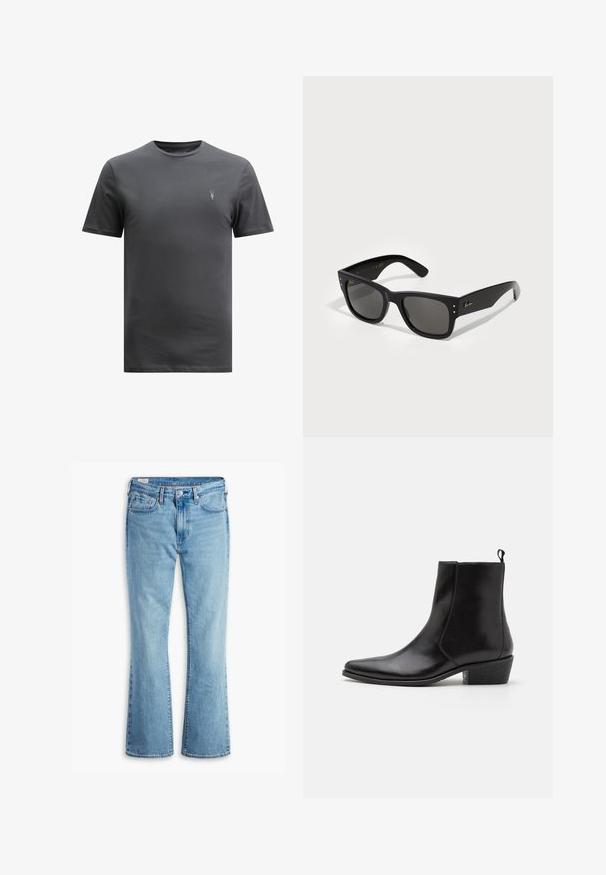 AllSaints BRACE CREW - Pamata T-krekls - CARTER GREY; Gaiši zili džinsi ar platu kāju un augstu jostasvietu, apstāvoši priekšējās kabatas, pogu aizdarīšanu un nodilušu tekstūru, lai radītu vintage izskatu.; Zign LEATHER - Kovboju/motociklistu tipa puszābaki - black; Melni saulesbrilles ar kvadrātu formu, ar tumšiem stikliem. Akcentētas ar mazām zelta punktiem un zelta logo uz kājiņām. Gluda tekstūra.