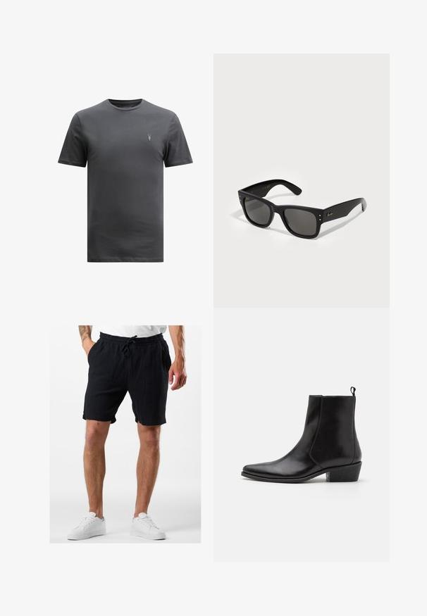 AllSaints BRACE CREW - T-shirt basic - CARTER GREY; Zwarte katoenen shorts met een elastische tailleband en koord, voorzien van een textuurstof en zijzakken, gedragen met witte sneakers.; Zign LEATHER - Cowboy-/Bikerlaarsjes - black; Zwarte zonnebril met een vierkant montuur, voorzien van donkere lenzen. Aangevuld met kleine gouden stippen en een gouden logo op de poot. Soepele textuur.