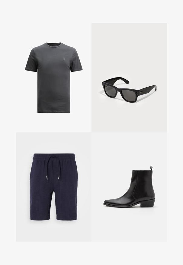AllSaints BRACE CREW - T-shirts basic - CARTER GREY; Marineblå shorts med et tekstureret mønster, elastisk talje og snøre lukning. Har en afslappet pasform og længde over knæene.; Zign LEATHER - Cowboy- / bikerstøvlette - black; Sorte solbriller med firkantet stel, der har mørke linser. Pyntet med små guldprikker og et guldlogo på stængerne. Glat overflade.