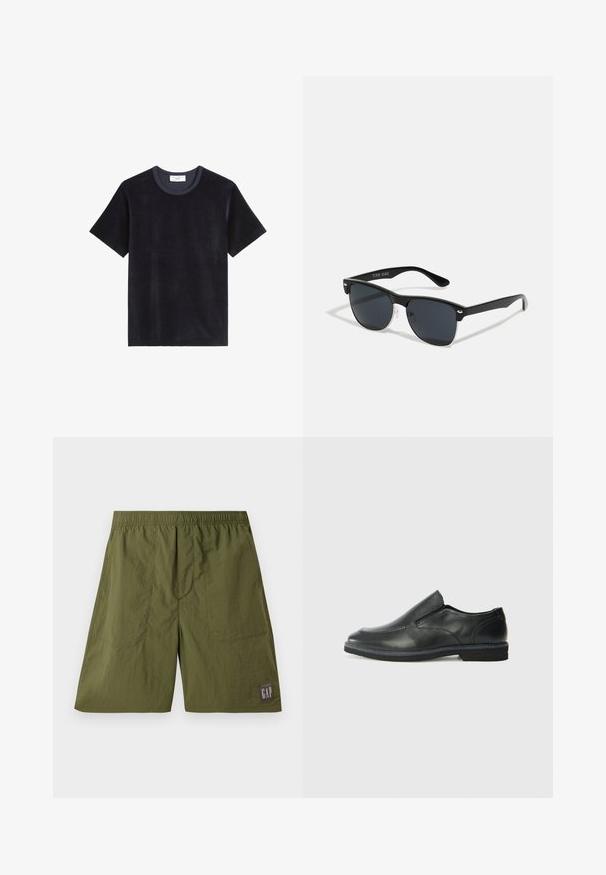 T-shirt en coton bleu marine foncé avec des manches courtes, un col rond et une texture lisse et douce. Design minimal, sans motifs ni embellissements.; Shorts en nylon verts avec une ceinture élastique, deux poches latérales et une étiquette en patch portant "GAP" en blanc sur fond gris foncé.; Chaussure slip-on en cuir noir avec une tige lisse, des accents cousus, un bout arrondi et un petit talon en caoutchouc. La semelle présente un profil de traction minimal.; Lunettes de soleil noires de forme rectangulaire, verres foncés, accents argentés aux tempes et finition mate sur la monture.