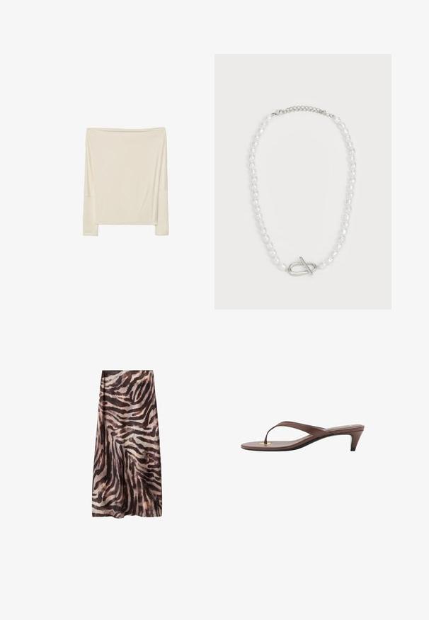 Dlhý rukáv off-white top vyrobený z mäkkej tkaniny s voľným strihom, s otvoreným výstrihom a spustenými ramennými švami.; Dlhá sukňa z priesvitnej, ľahkej látky zdobená vzorom čierno-hnedého zebrového pruhu. Priamy strih s A-liniového siluetu.; Hnedá platformová žabková sandála s úzkym remienkom a zaobleným prstom, s malým zlatým akcentom na podrážke.; Biela perlova náhrdelník s rôznymi tvarmi a veľkosťami, s strieborným uzáverom na zapínanie. Hladký povrch s lesklým dokončením.
