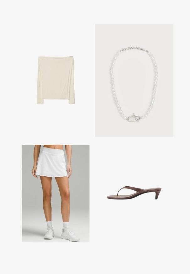 Langslavige off-white top van zachte stof met een relaxte pasvorm, voorzien van een open halslijn en verlaagde schoudernaad.; Witte sportrok met een gladde textuur, een hoge tailleband en een uitlopende vorm. Gepaarde met witte sneakers en sokken.; Bruine hakken flip-flop sandaal met een slanke band en ronde teenpost, met een kleine gouden accent op de voetbed.; Witte parelketting met verschillende vormen en maten, met een zilveren sluiting met toggle. Gladde textuur met een glanzende afwerking.
