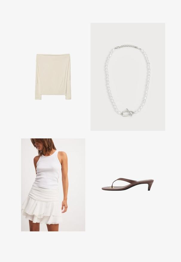 Langärmliges, off-white Oberteil aus weichem Stoff mit lockerer Passform, mit einem offenen Rundhalsausschnitt und tiefen Schulternähten.; Weißes, geripptes Tanktop, kombiniert mit einem mehrlagigen weißen Rüschensrock. Der Rock hat ein gerafftes Design am Taillenbund.; Braune, mit Absatz versehene Flip-Flop-Sandale mit einem schmalen Riemen und abgerundetem Zehensteg, der ein kleines goldfarbenes Akzent auf dem Fußbett aufweist.; Weiße Perlenkette mit unterschiedlichen Formen und Größen, ausgestattet mit einem silbernen Toggle-Verschluss. Glatte Textur mit glänzender Oberfläche.